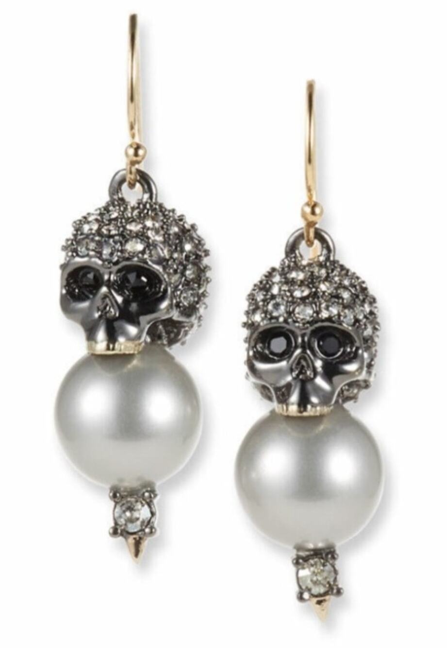 Alexis Bittar Silver Gold Pearl Skull Rhinestone Dangle Earrings Whimsygoth Goth